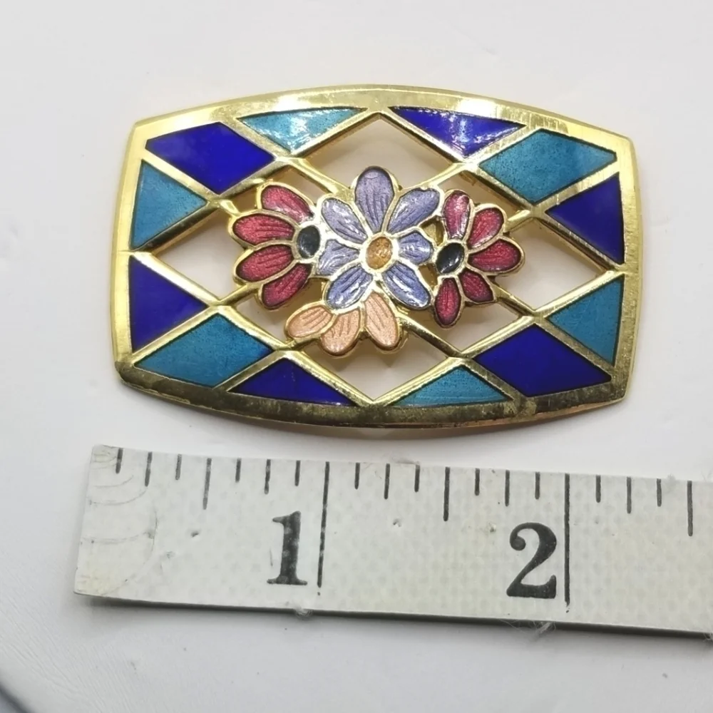 Vintage Cloisonne Brooch Pin Flowers Harlequin Pattern Multi Color Gold Tone